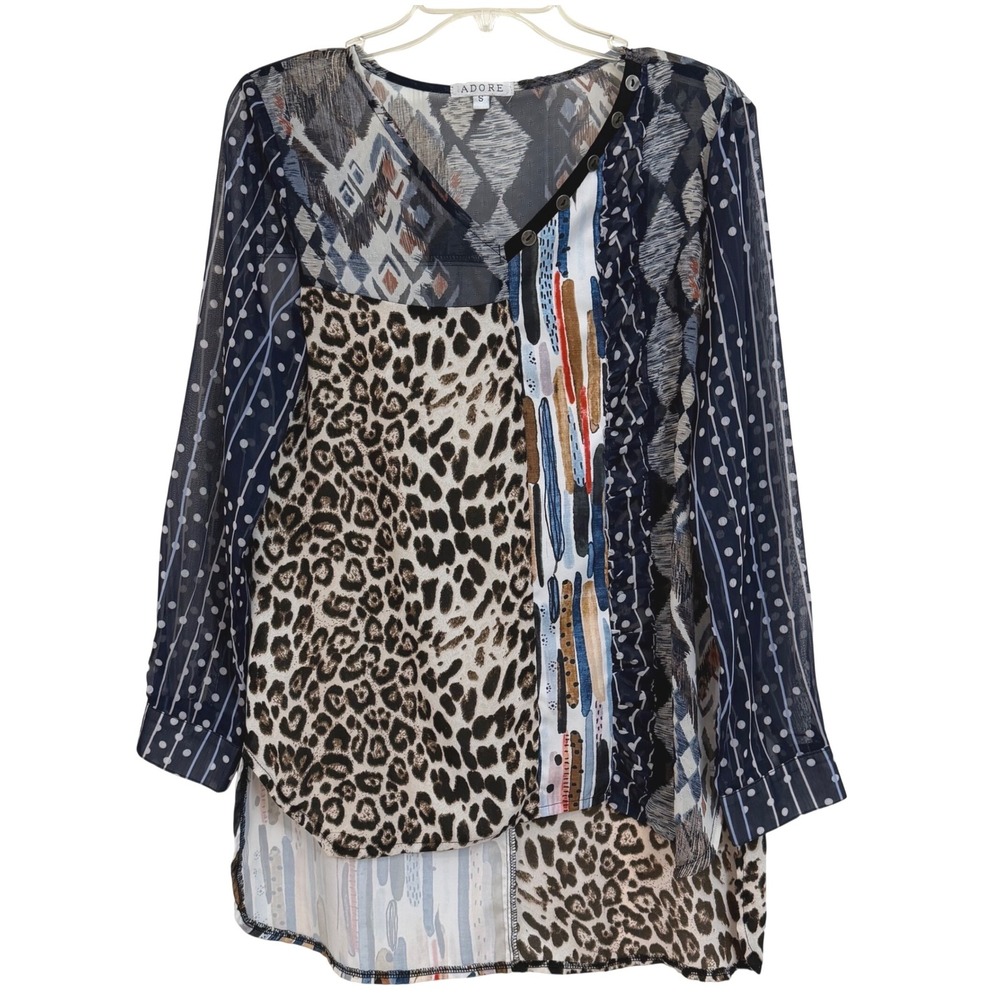 Adore Boho Mixed Print Leopard Ikat Sheer Blouse V-Neck Long Sleeve Top Small